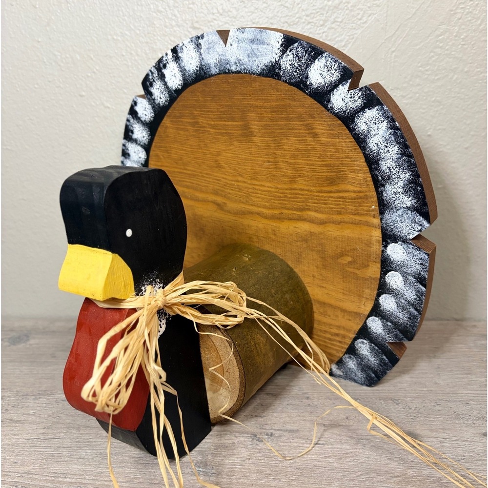 Handmade Wooden Turkey Figurine Rustic Folk Art Thanksgiving Decor 11 Inch